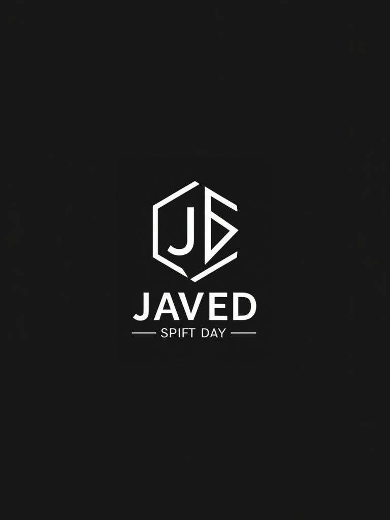 Logo design featuring the name Javed. The logo includes initials JB inside a hexagon shape. Color scheme consists of black and white. Layout is clean and modern.