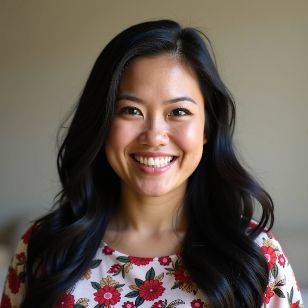 A woman with long black hair wearing a floral top smiling at the camera