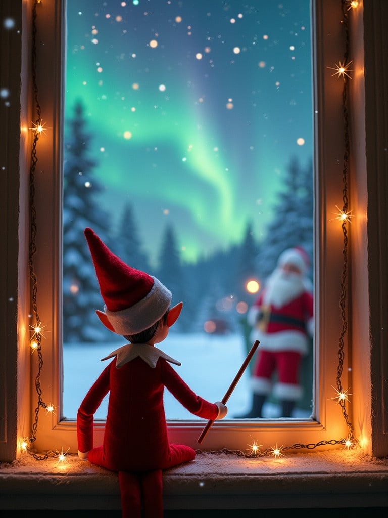 A cozy Christmas scene features an elf on the shelf. The elf sits facing the window holding a wand. The elf writes 'Grayson and Oakley' in the night sky. Outside, there is a magical winter landscape with northern lights. Santa Claus appears in the background. Warm lighting from string lights creates a festive atmosphere. The elf wears a traditional red suit with a hat.