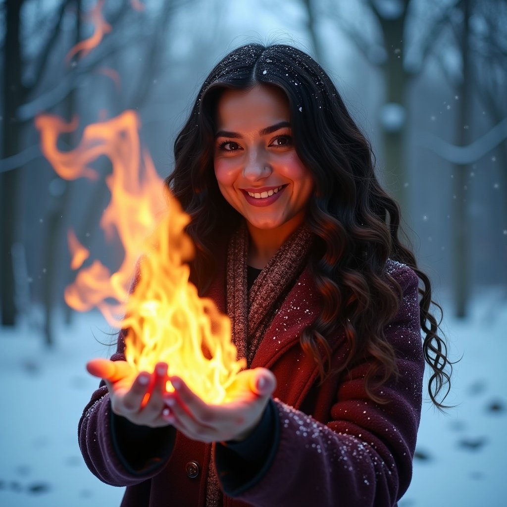 A woman creates fire in her hands in a snowy landscape. She has olive skin and long dark brown hair. The background is icy, reminiscent of fantasy themes from Frozen. She looks confident and warm, smiling as fire illuminates her features. This scene shows fantasy and empowerment in a winter setting.