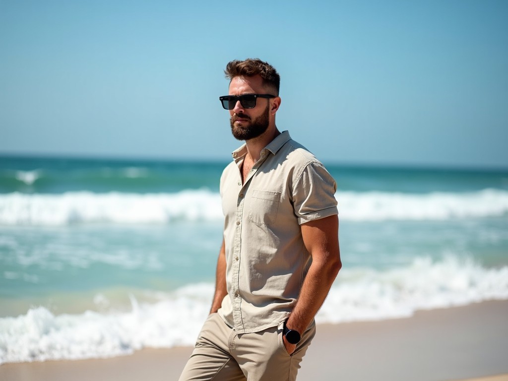 man in sunglasses walking on a sunny beach, wearing a casual beige shirt and pants, waves in the background