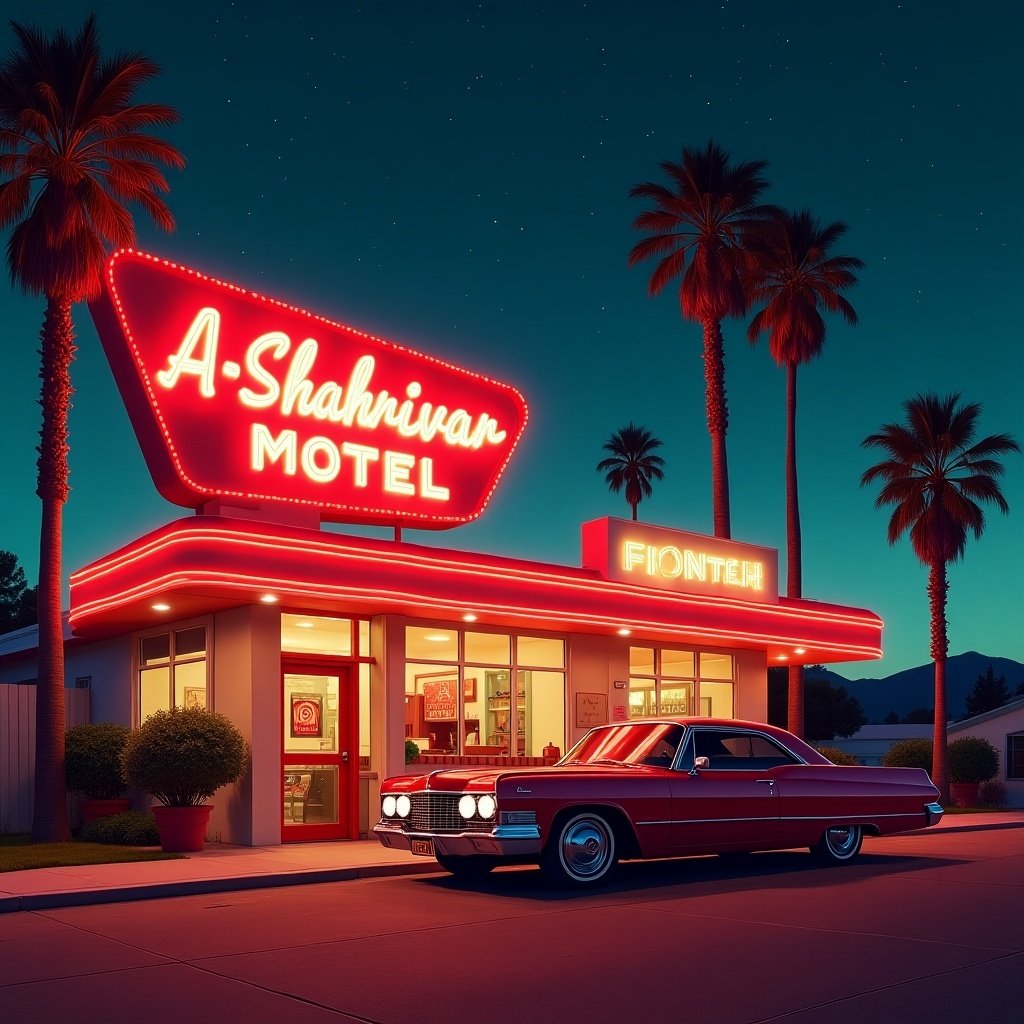 Classic motel named 'A-Shahrivar' lit by neon signs at night. Parking space for vintage red car. Tall palm trees in background under starry sky. Vibrant colors include red, orange, and soft blues. Atmosphere evokes adventure and simplicity of road trips.