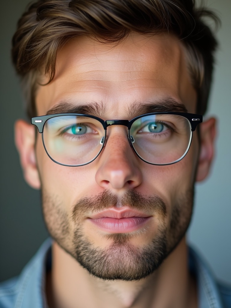 Close-up portrait of young man with confident expression. Short stylish hair and well-groomed beard. Striking blue eyes against fair skin. Includes sleek modern prescription glasses with thin metal frame for a trendy look.