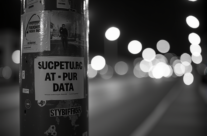 A black and white image featuring a poster-covered pole with blurred urban lights illuminating the background.