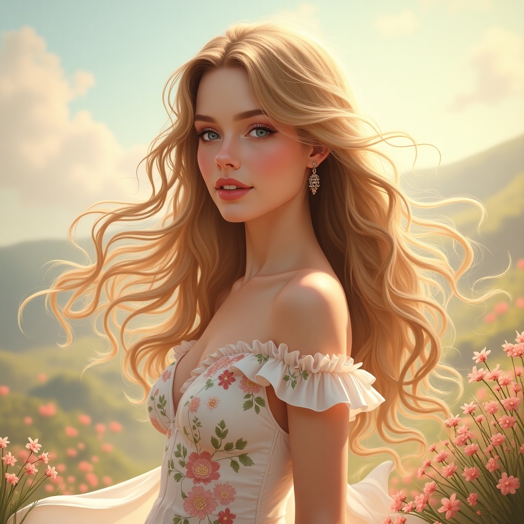 Portrait of a young woman with long, flowing hair in a floral dress. Background features soft colors and natural scenery. The artwork showcases ethereal beauty.