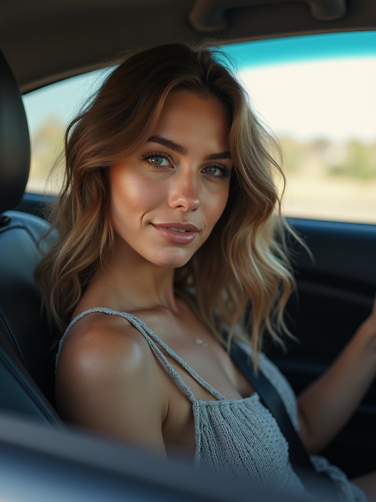 Photograph of a woman posing in a car. She has a soft smile with natural makeup. The sunlight enhances her features and the background shows a blurred landscape. Casual clothing, relaxed atmosphere.