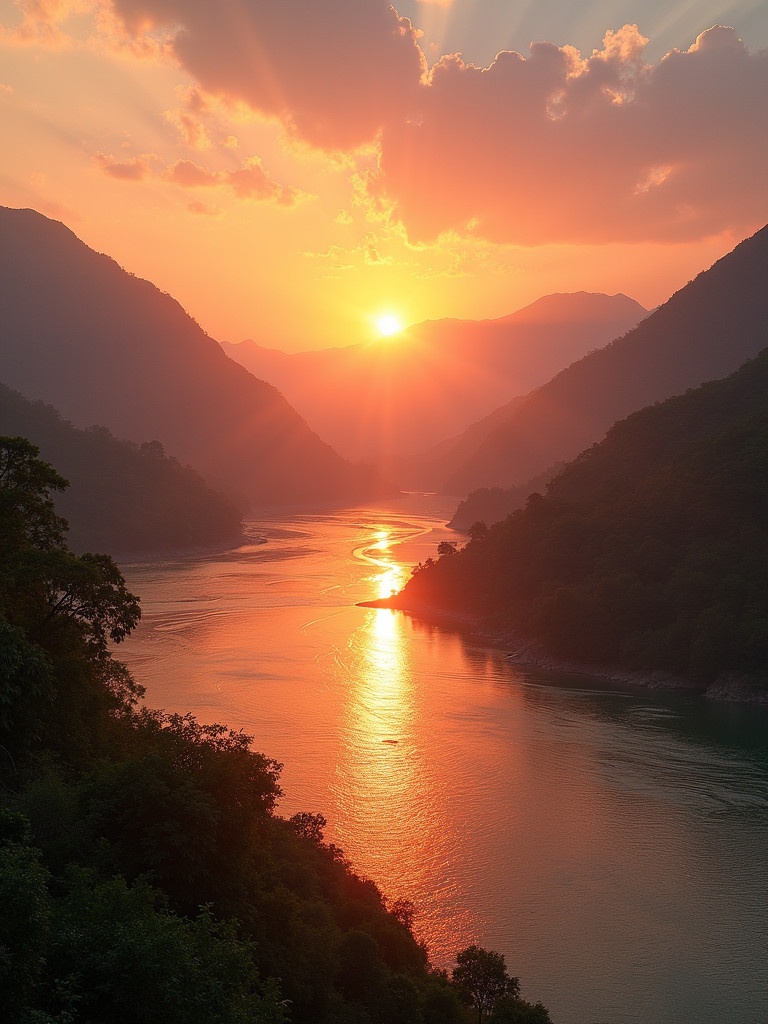 Breathtaking sunrise over a river resembling India's Ganga or Yamuna. Warm hues of orange pink and gold highlight the sun. Rays of sunlight sparkle on the river's surface creating magical reflection. Lush greenery and gentle hills surround the landscape. Serene tranquil scene invites appreciation of calmness by the water.