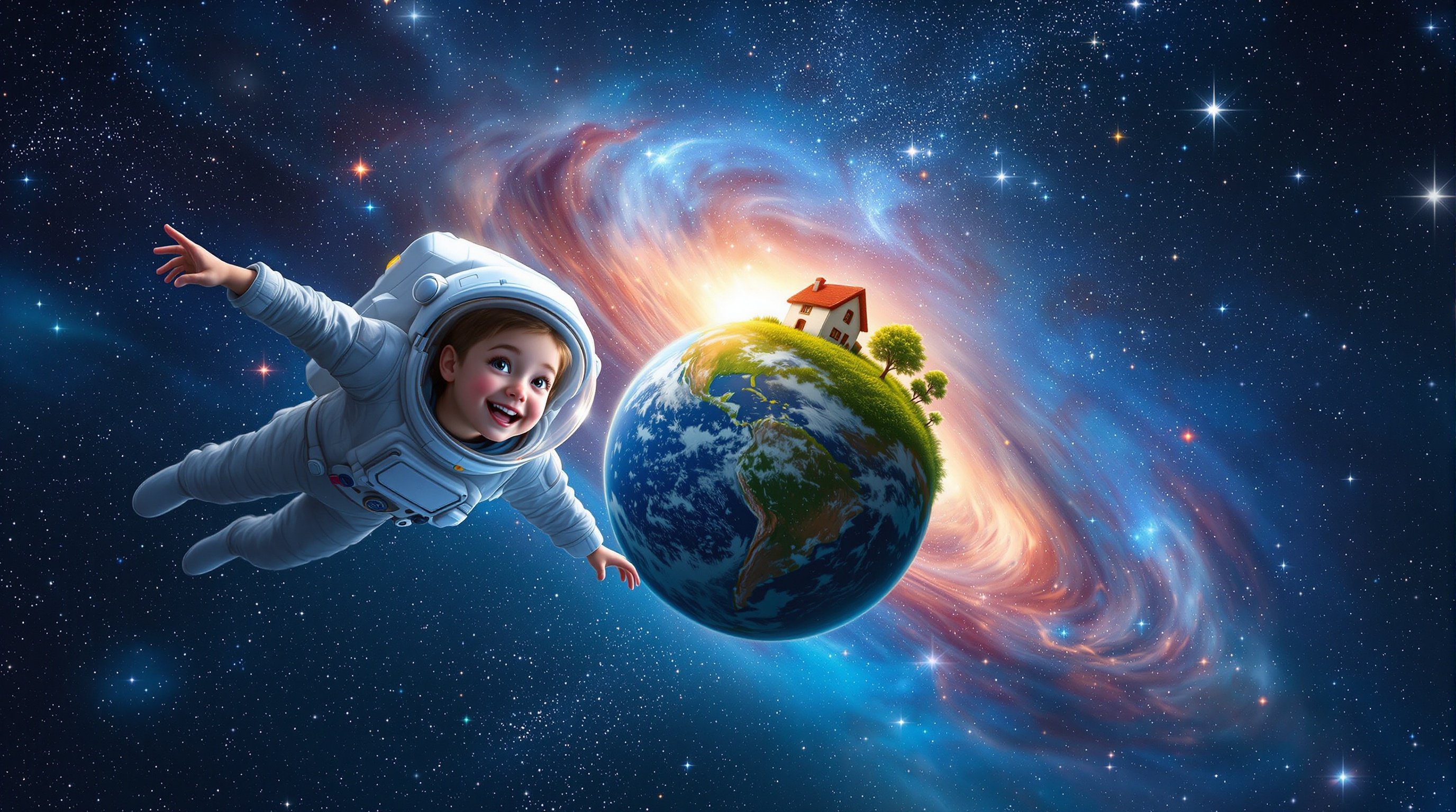 An enchanting scene captures childhood imagination. Two children float in space dressed in astronaut suits. They express wonder and joy. A tiny whimsical planet with a single house appears. The backdrop features a dazzling display of stars and colorful nebulae.