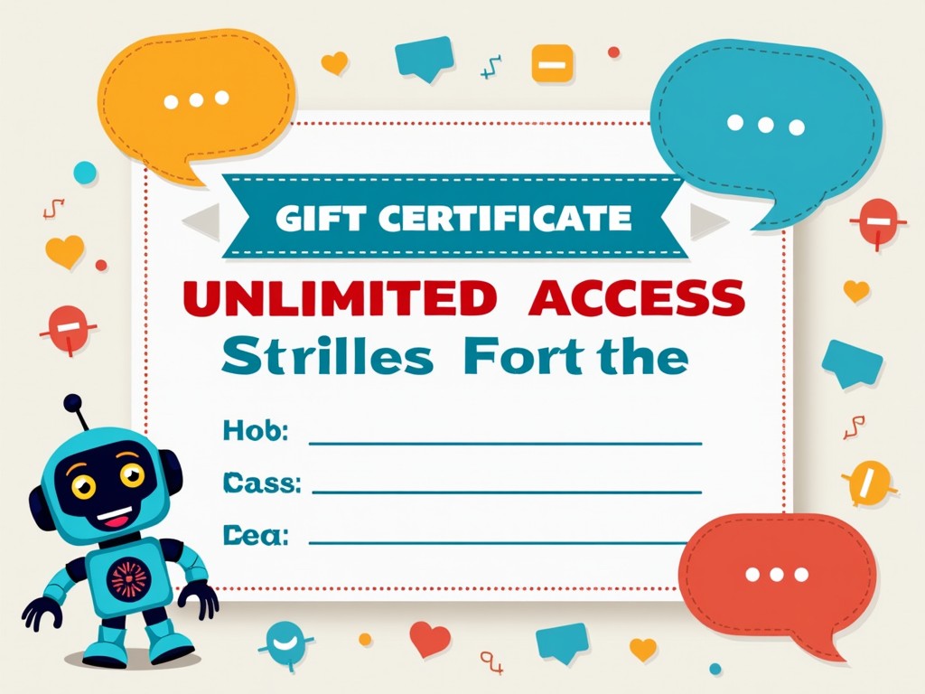 This colorful image features a whimsical gift certificate designed with a playful style. A friendly robot character is positioned to the left, adding a sense of friendliness and tech-savvy energy. Surrounding the certificate are vibrant speech bubbles and icons, conveying a lively and engaging tone.