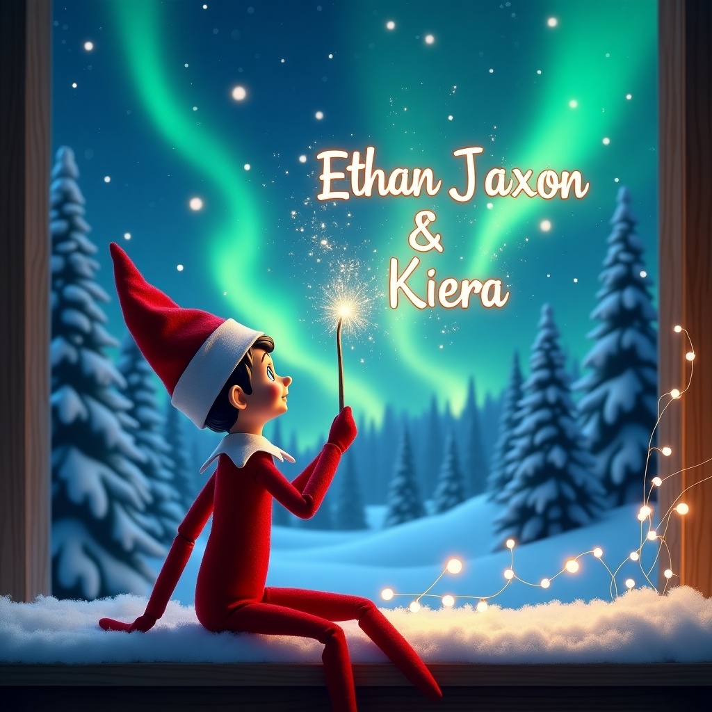 The image features an elf on the shelf, turned away, gazing at a stunning magical sky adorned with vibrant northern lights. The elf is using its wand to trace the names 'Ethan, Jaxon & Kiera' in the air, creating a sparkling display. Snow-covered trees populate the winter wonderland, enhancing the enchanting atmosphere. The scene is filled with holiday magic, evoking a sense of wonder and joy. This charming illustration perfectly embodies the spirit of Christmas while personalizing the experience for children celebrating the season.