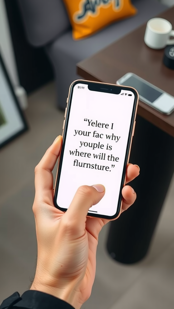 A person holds a phone displaying an unintelligible text message in a modern living room.