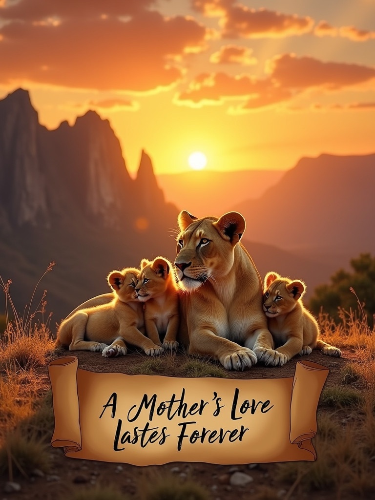 A lioness rests with her five cubs in a sunset scene. They are together in a natural setting with towering mountains. The sun casts a warm glow. A scroll shows the words A MOTHER'S LOVE LASTS FOREVER.