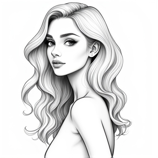 This is a detailed black and white line drawing of a character. The character has medium-length wavy hair. The neck and shoulders appear slender. The overall drawing style captures the flow and texture of the hair.