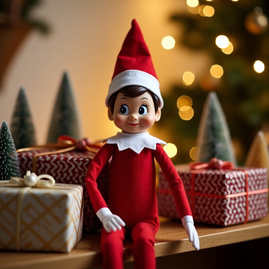 The image features a cute elf doll, dressed in a classic red outfit and white collar, sitting cheerfully on a wooden shelf. In the background, soft, twinkling lights and Christmas decorations create a warm and festive atmosphere. The elf's expression is playful, inviting children and adults alike to embrace the holiday spirit. Surrounding the elf are beautifully wrapped presents and decorative trees, adding to the joy of the Christmas season. This charming scene perfectly captures the essence of holiday cheer and the whimsical nature of the Elf on the Shelf tradition.