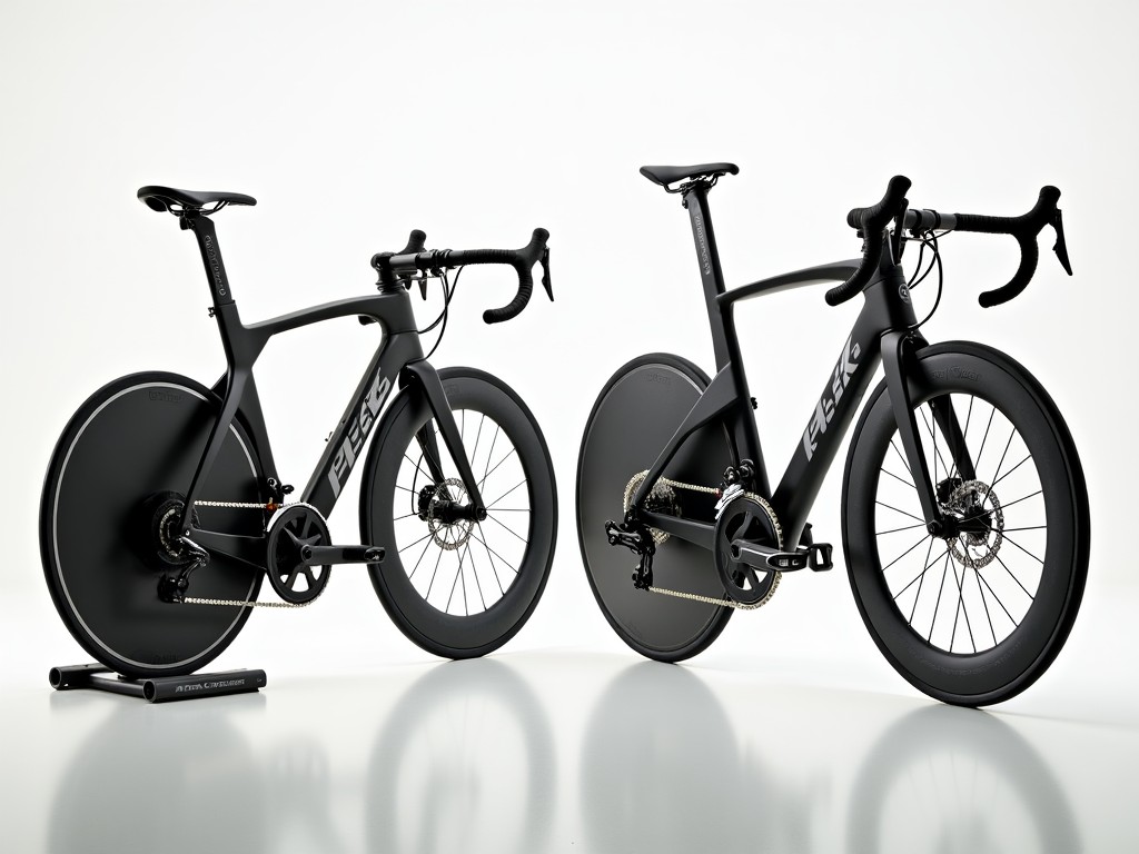 This image features a pair of professional bicycles showcasing a competitive edge. On the left, a sleek road bike is displayed with a lightweight frame and drop handlebars. On the right, a time trial bike is presented with aero handlebars and a disc wheel. Both bikes are designed for performance, emphasizing their aerodynamic shapes. The background is minimalist to enhance the focus on the bicycles, making them the focal point of the composition.