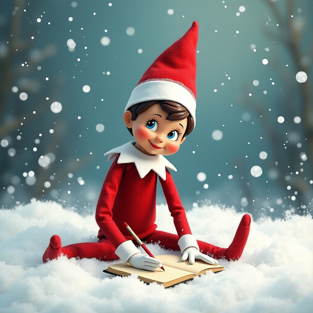 An adorable Elf on the Shelf is sitting in a snowy landscape, dressed in a classic red outfit with a playful white collar and a pointed hat. The elf, with a bright cheerful face, is busy writing in an open notebook with a pencil. Snowflakes are gently falling around, creating a magical winter atmosphere. The soft snow blankets the ground, while the background is subtly blurred with hints of snowy branches. This scene captures the whimsical spirit of Christmas, perfect for holiday-themed content.