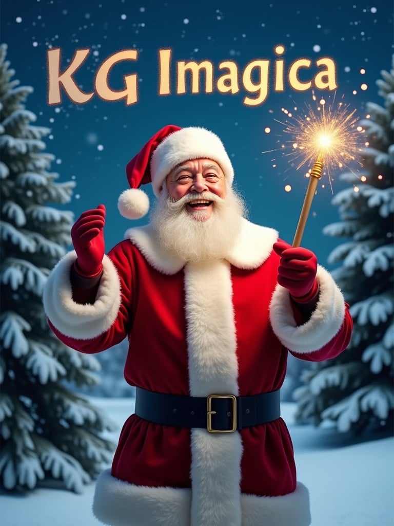 A jolly Santa Claus stands in a snowy landscape. He holds a magical wand that shines with sparkles. The name KG Imagica is written in the air. Santa wears a classic red suit with white fur trim and a matching hat. His eyes twinkle with joy, writing names in the sky. Behind him are evergreen trees and a starry night sky.