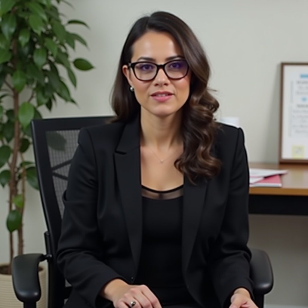 Professional woman seated in an office. She wears a stylish black suit. Neat desk features documents and plant. Atmosphere reflects a well-organized workplace.