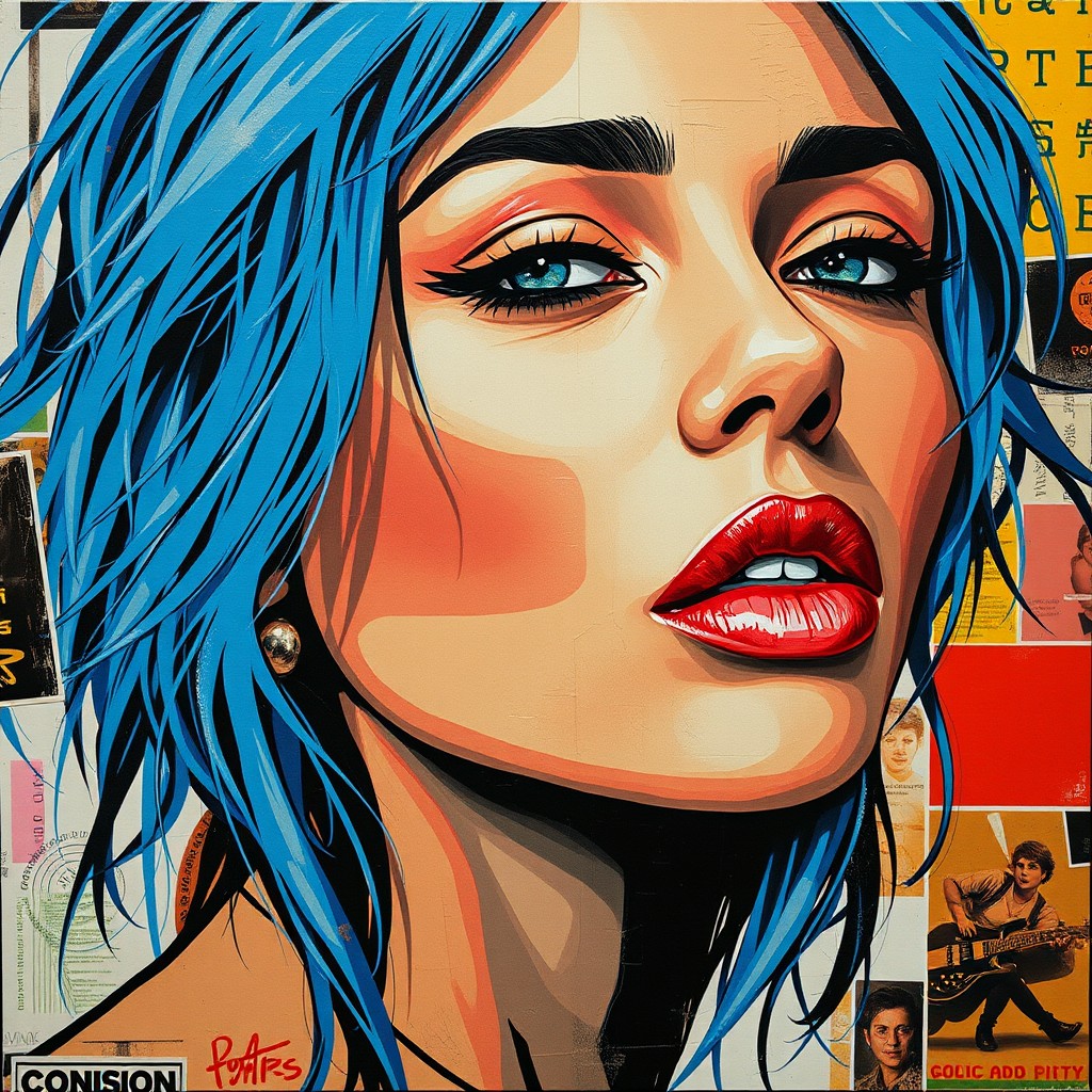 A colorful pop art painting of a woman with vivid blue hair and striking red lipstick.