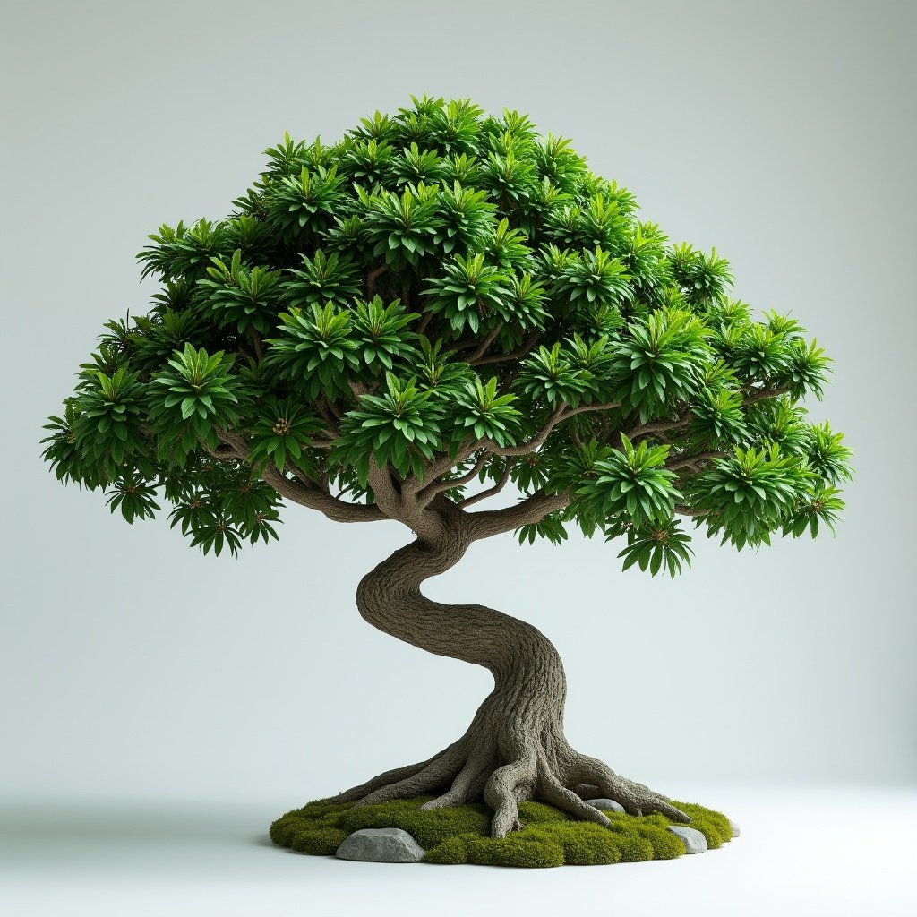 tropical evergreen tree with lush green leaves. Tree has a unique shape, thick trunk and twisted branches. Half of the tree is visible on one side, surrounded by grass and a rock.