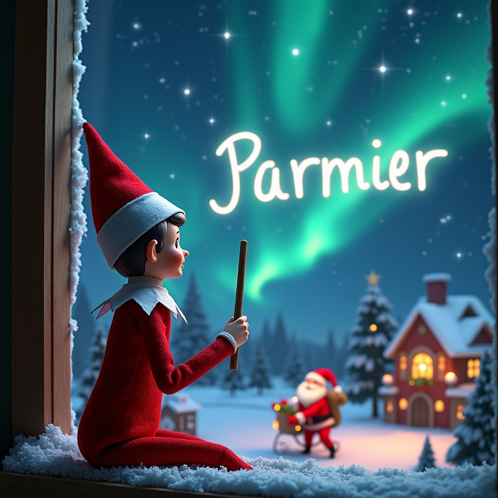 A cozy winter scene featuring an elf on the shelf, sitting at a window. The elf, dressed in red, has its back to the viewer and is facing a starry sky with vibrant northern lights. Using a magical wand, the elf is writing the name 'Parker' in the sky. In the background, Santa Claus is joyfully carrying presents towards a charming, snow-covered house. The atmosphere is filled with holiday spirit, capturing the essence of Christmas magic in a whimsical way.