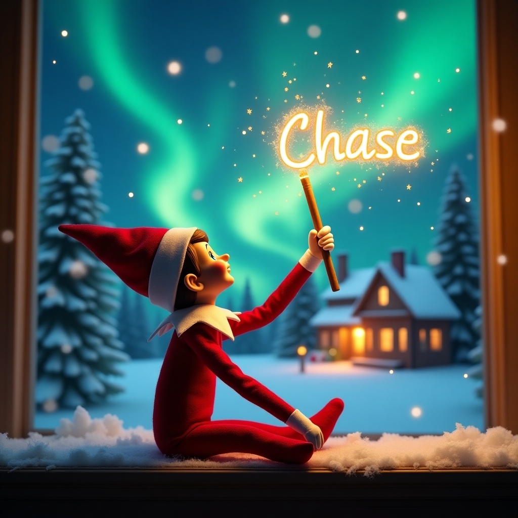 An elf on the shelf sits peacefully with its back turned. It gazes up at the beautiful northern lights, holding a glowing wand. The wand emits sparkling light, casting a magical glow. In the background, a charming, cozy house is visible, adorned for the season. The ground is covered in a blanket of snow, enhancing the wintery feel. The elf's playful stance captures the essence of Christmas magic and wonder.