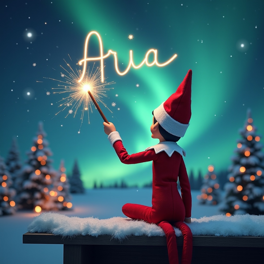 An Elf on the Shelf character sits with its back facing the viewer, gazing up at a magical night sky. With a wand in hand, it is writing the name 'Aria' in sparkling light. The background showcases a winter wonderland scene, adorned with snow-covered trees and twinkling lights. Above, the enchanting Northern Lights dance across the sky, adding vibrant colors to the scene. This imagery captures the spirit of Christmas, combining whimsy and wonder in a festive atmosphere.