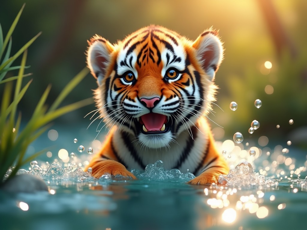 A young tiger is playfully emerging from a clear blue river. The sun shines brightly, illuminating its vibrant orange fur and striking black stripes. Water droplets scatter around as the tiger splashes. Its eyes are bright and lively, expressing curiosity and joy. Lush green foliage surrounds the scene, adding to the natural setting.