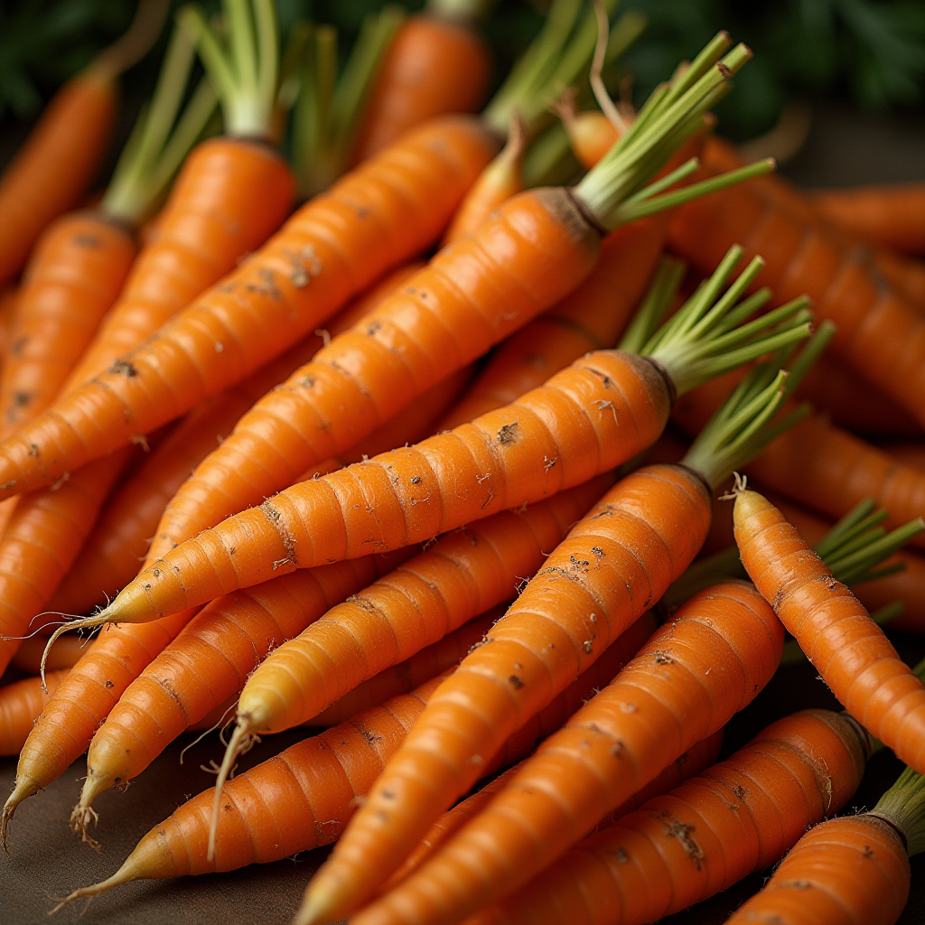 A close-up of a pile of freshly washed, vibrant orange carrots, some with dirt residues and green tops, showcasing their natural texture and earthy tones.