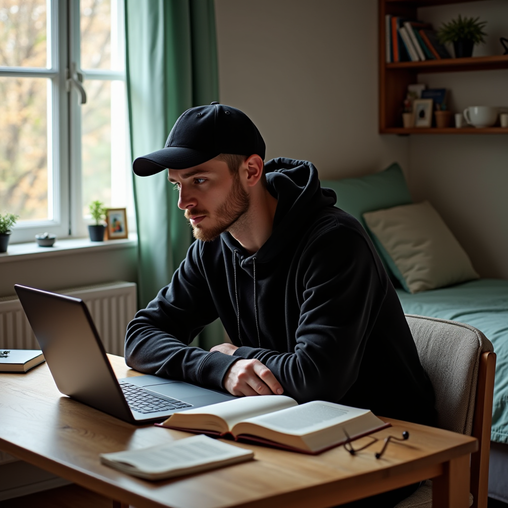 A person in a black hoodie and cap studies intently at a desk by a window, surrounded by books and a laptop.