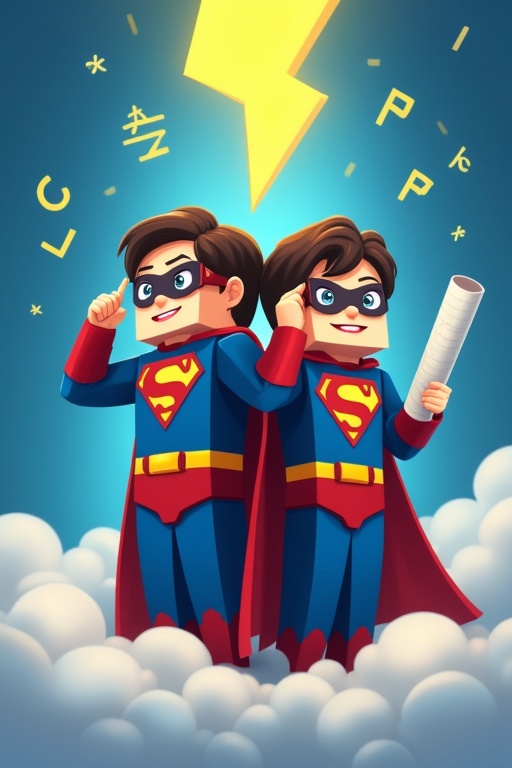 Two children dressed in superhero costumes standing confidently with capes and eye masks. One child holds a pencil and the other a rolled test paper. Both have cheerful expressions showing intelligence. Background is royal blue with a gradient and a big yellow lightning bolt. Mathematical symbols float around them with clouds at their feet. The artwork has a vivid and playful Minecraft-style aesthetic.