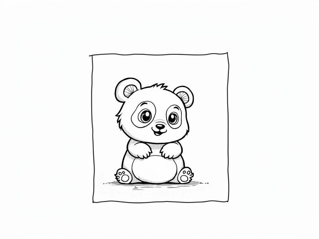 This image is a charming black and white illustration of an adorable panda sitting upright. The panda has wide, expressive eyes and a gentle smile, surrounded by a simple, hand-drawn border. Its round face and soft features convey a sense of innocence and playfulness.