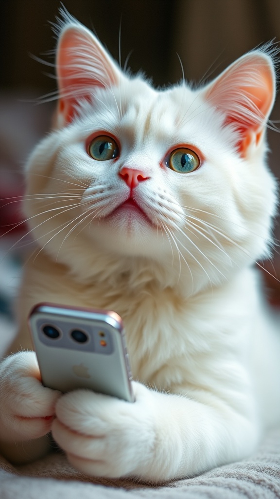 A fluffy white cat adorably holding a smartphone.