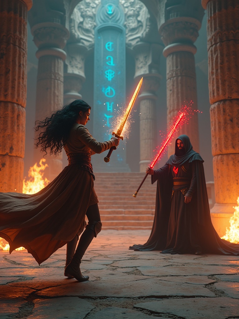 A hyper-realistic cinematic still depicts a final duel battle in an ancient throne room. Gina leaps mid-air with a glowing sword while Rashid wields a crimson staff. The background showcases towering stone pillars with glowing blue runes and a shattered throne surrounded by flames. Lighting features a mix of golden firelight and eerie glows.