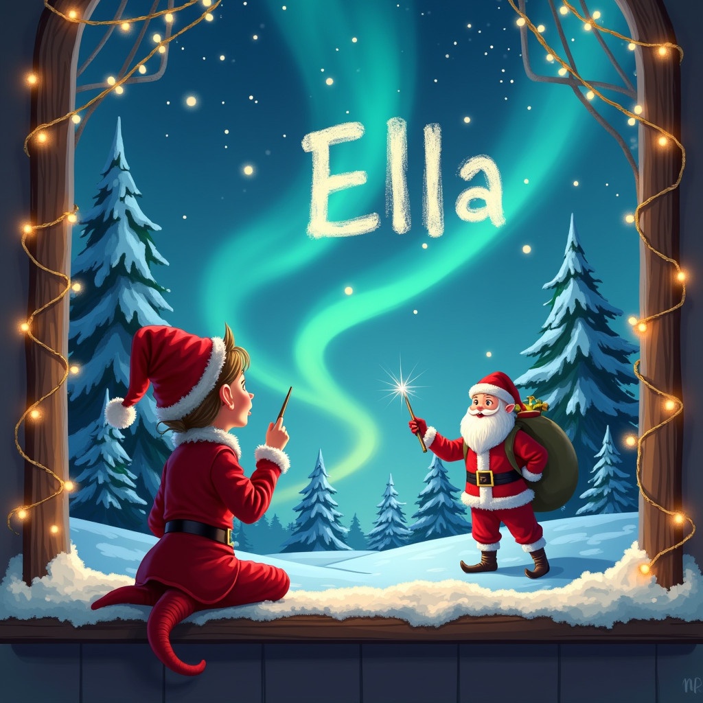 An elf facing away writes the name Ella using a wand. Northern lights shine brightly in the background. Snow covers the ground and trees are present. Santa Claus stands nearby. Warm twinkling lights frame the window, creating a festive and cozy feeling.