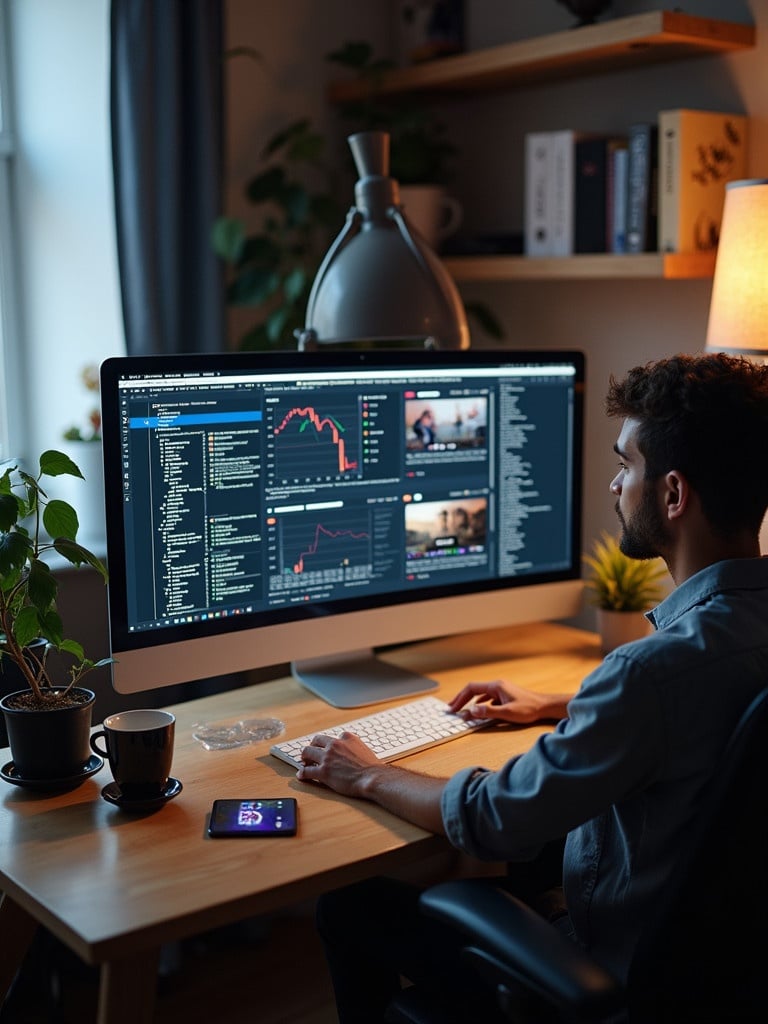 Person sits at wooden desk. Computer monitor shows charts and data analysis. Room has plants and warm light. Casual clothing. Person actively working on computer.