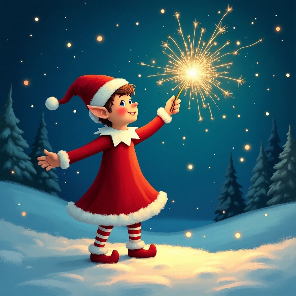 Elf in a red dress with white trim holding a sparkler. Magical night scene with northern lights. Elf writing Friends of Prees PTA in the sky.