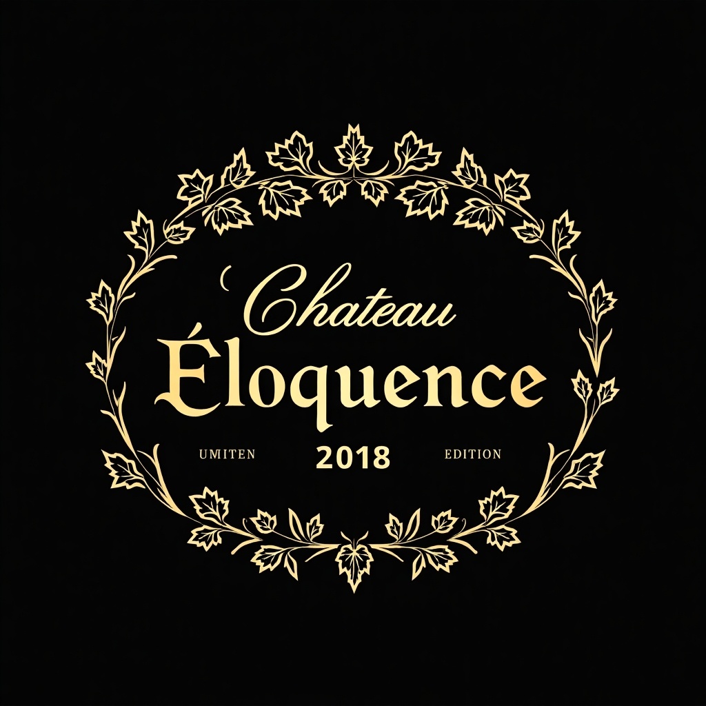 Design a label for a luxury wine bottle. Incorporate elegant elements. Use gold foil accents on a black background. Show stylized grapevines and a vintage font. Include 'Château Éloquence' at the center. Add the year '2018' and 'Limited Edition'. Reflect opulence and refinement suitable for premium wine.