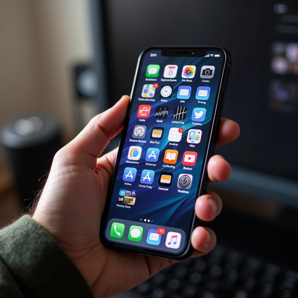 A hand holds a smartphone showing various app icons on its screen in a dimly lit room.