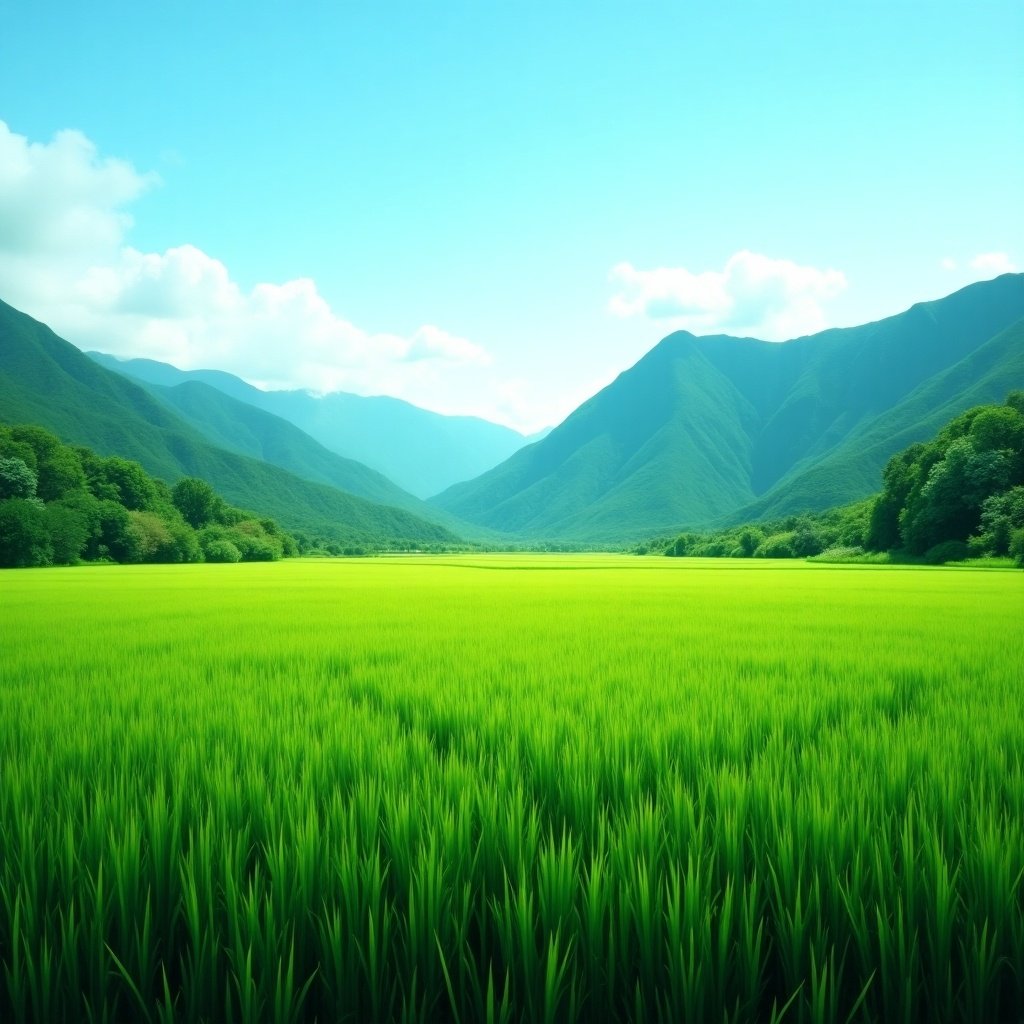 Green mountain scenery with a lush rice plantation under a clear blue sky.