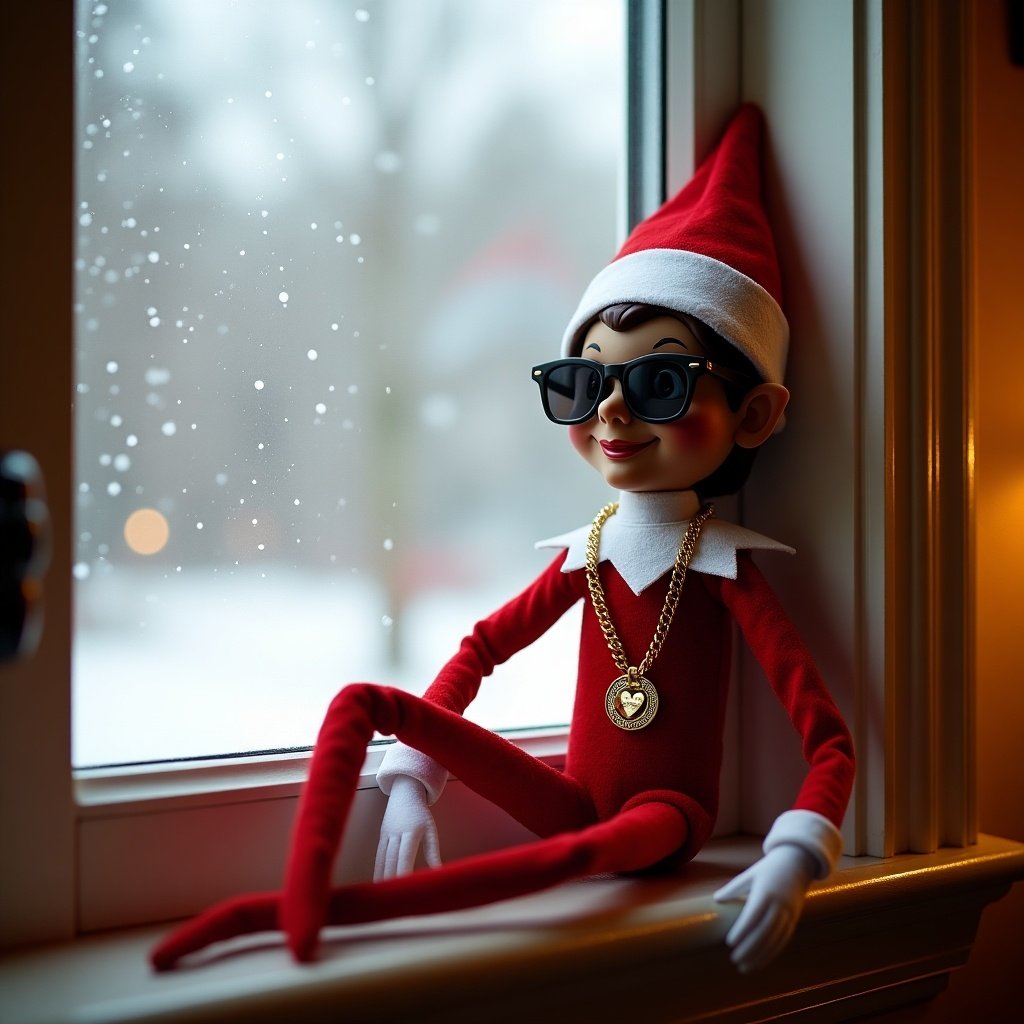 Elf on the shelf resembles Snoop Dogg. Sitting on the windowsill. Wearing sunglasses and gold chain. Snow falls outside the window. Holiday decor with festive vibes.