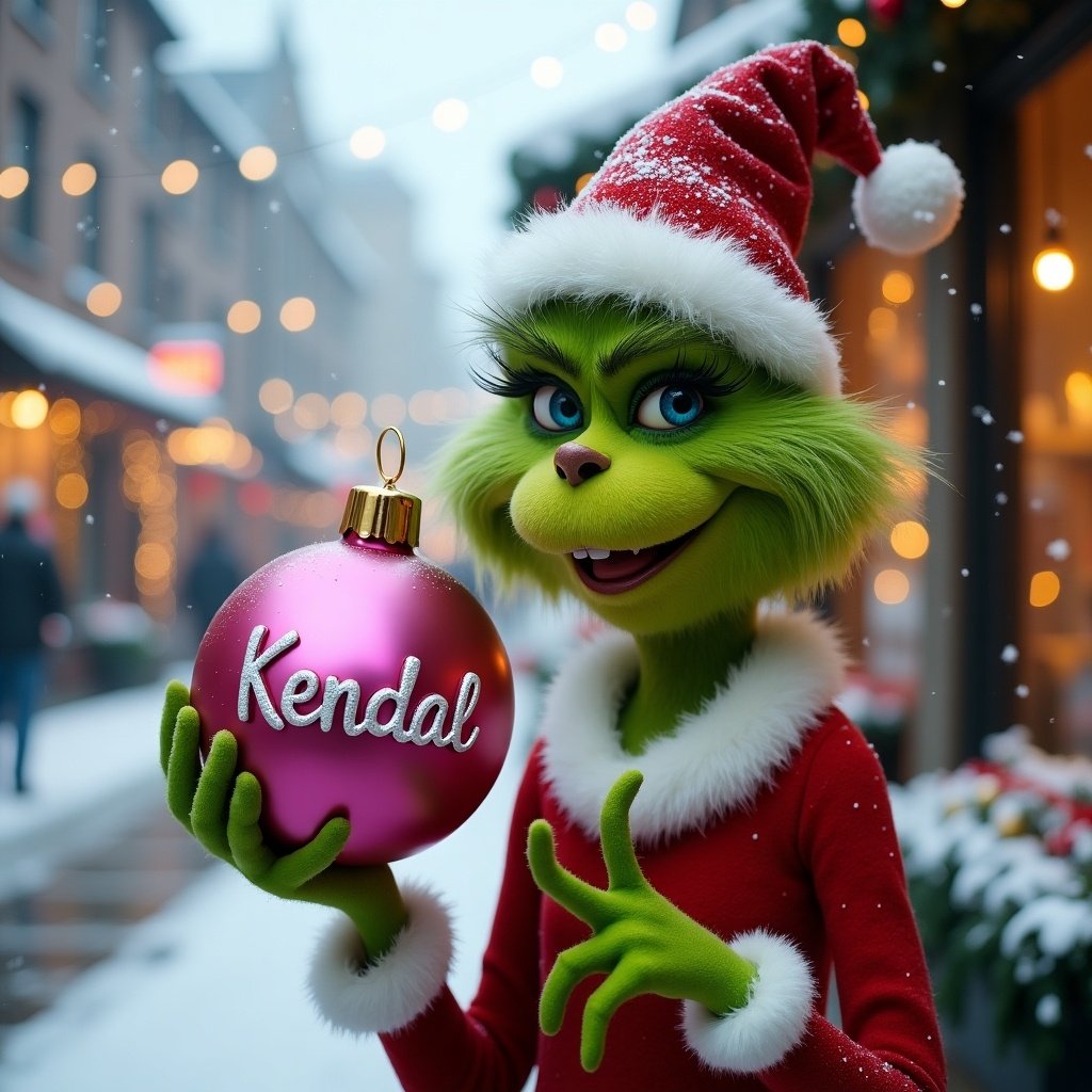 The Grinch holds a pink ornament with the name Kendall. A snowy street decorated for the holidays is in the background.