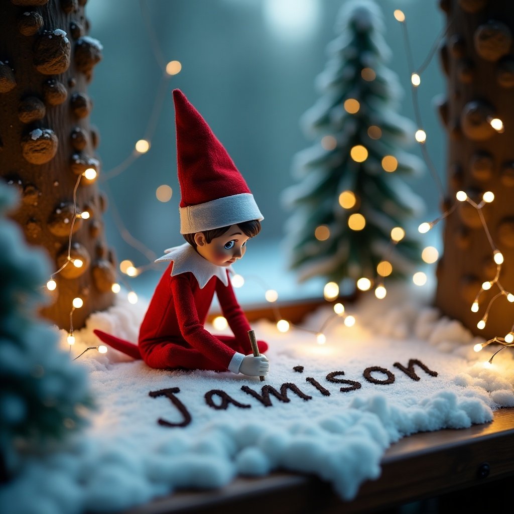 A whimsical elf on the shelf sits in an enchanted winter scene, meticulously writing the name 'Jamison' in the snow. The elf is dressed in a classic red and white outfit, complete with a playful hat. The background features snowy pine trees decorated with twinkling lights, enhancing the festive atmosphere. The setting exudes a warm, magical glow that invites holiday cheer. Soft snow blankets the ground, adding to the enchanting feel of the scene. This holiday vignette captures the spirit of Christmas and the joy of personalized decorations.