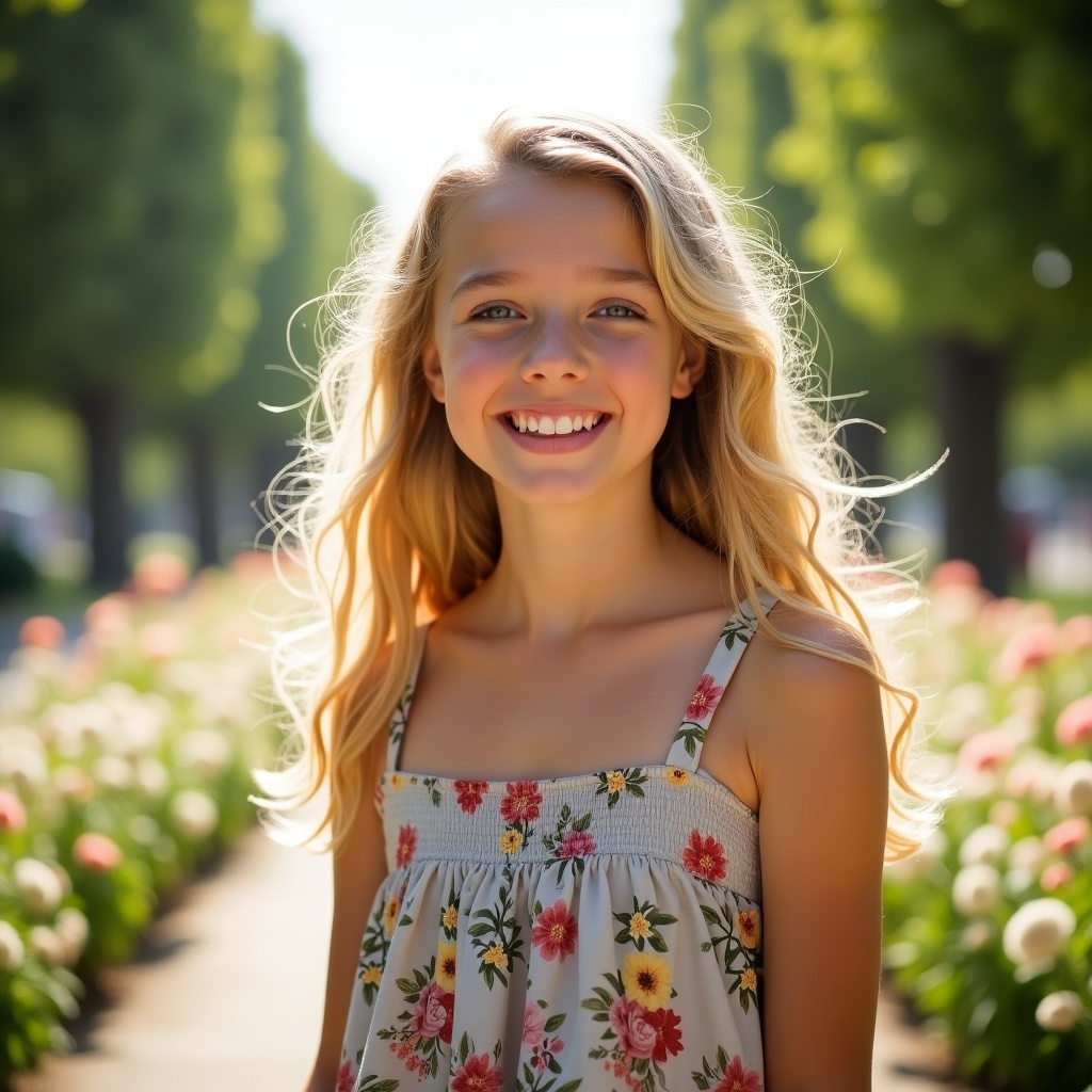 A portrait of a teenage girl with long honey blonde hair and blonde highlights. She is smiling in a flower garden with bright flowers and green trees.