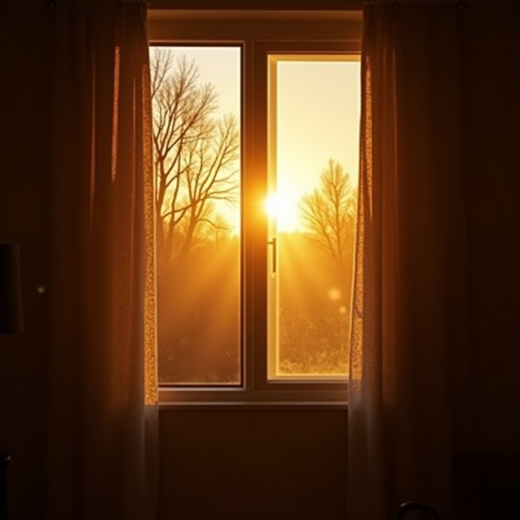 Scene captures sunlight filtering through a window. Sunlight creates a golden hue across the room. Silhouettes of trees visible outside. Evokes feelings of warmth and tranquility.