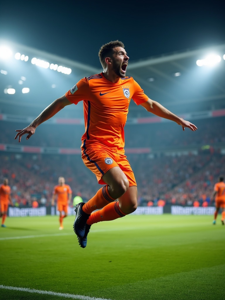 Image of a soccer player wearing an orange uniform jumping in celebration after scoring a goal in a stadium filled with fans.