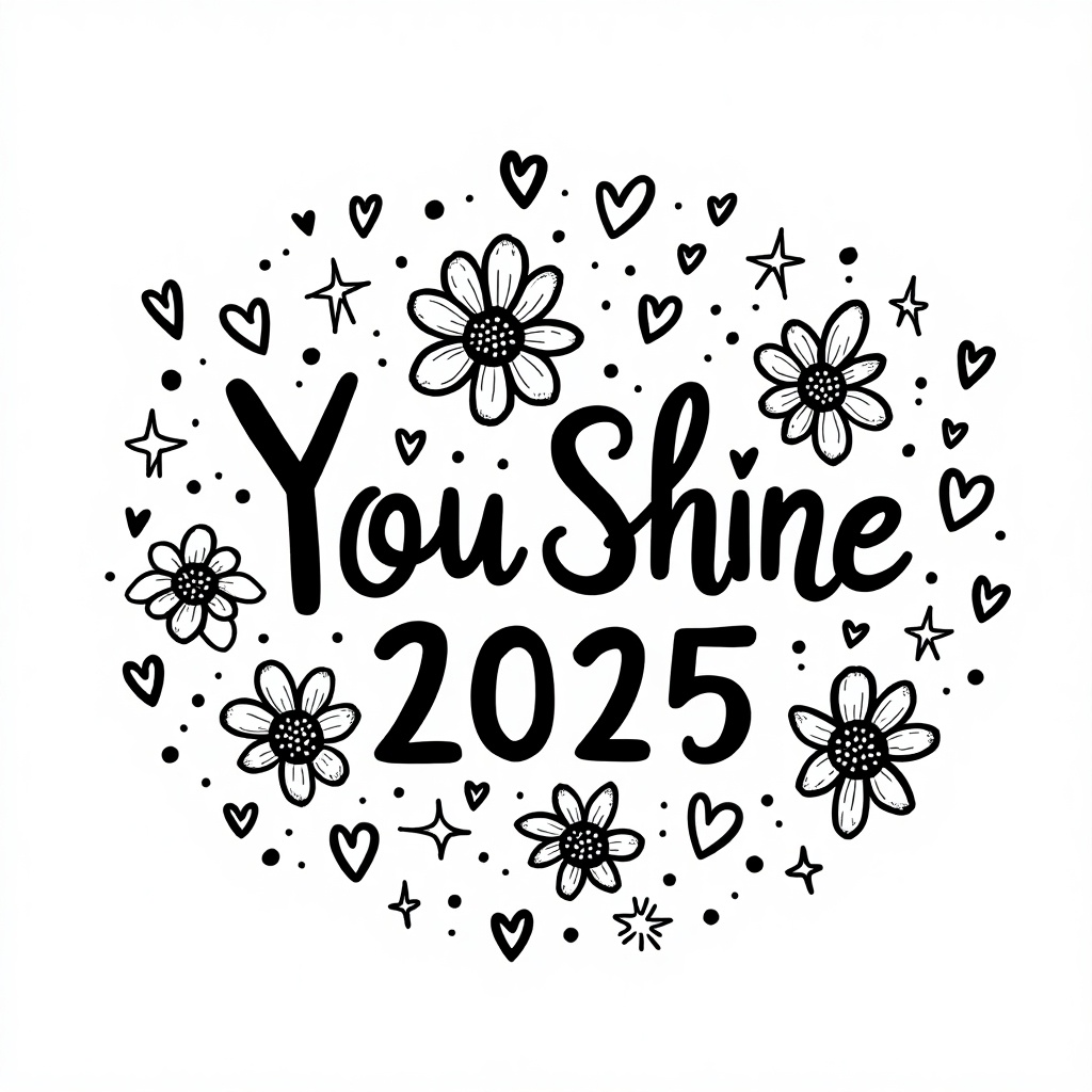 This is a black-and-white doodle art featuring the phrase 'You Shine 2025' prominently in the center. The design is decorated with various doodles including flowers and hearts, creating a playful and uplifting atmosphere. Scattered around the text, you'll find stars and other whimsical shapes arranged randomly. The overall style is hand-drawn with a mono tone, giving it a unique and artistic flair. This artwork is perfect for anyone looking to inspire positivity and creativity.