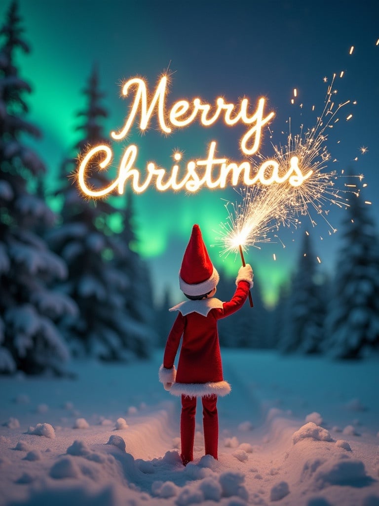 Enchanted Christmas scene with elf on the shelf facing the sky. Elf dressed in red and white. Elf holds magic wand writing 'Merry Christmas.' Background features vibrant northern lights. Scene has a festive spirit and magical ambiance.