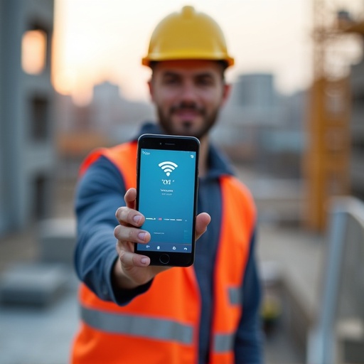 Construction worker displays smartphone with wireless connection on construction site. Bright safety vest and helmet worn. Sunset in background. Focus on phone screen.