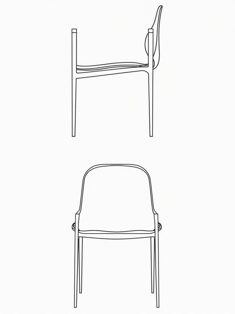 A chair depicted from two views. Design simplified to a single outline. Representation fits AutoCAD specifications in dwg format.